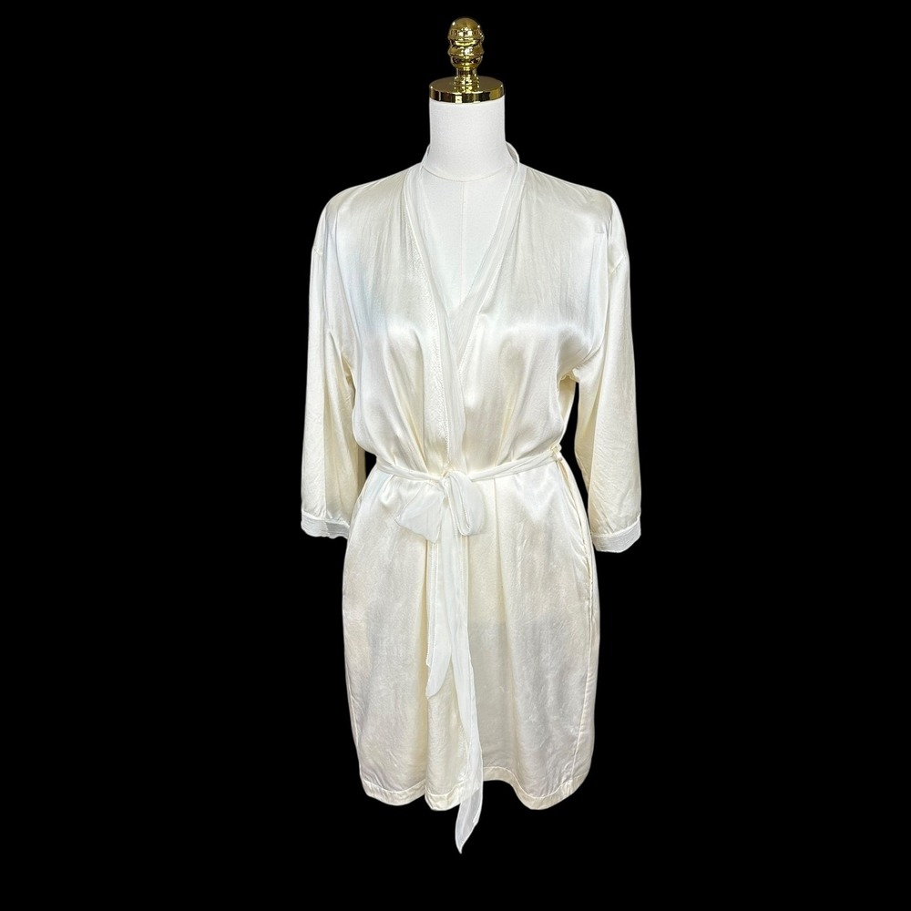 Vintage Vera Wang LuxeCream Ivory Silk Robe Silk Trim Loungewear Bridal Pockets